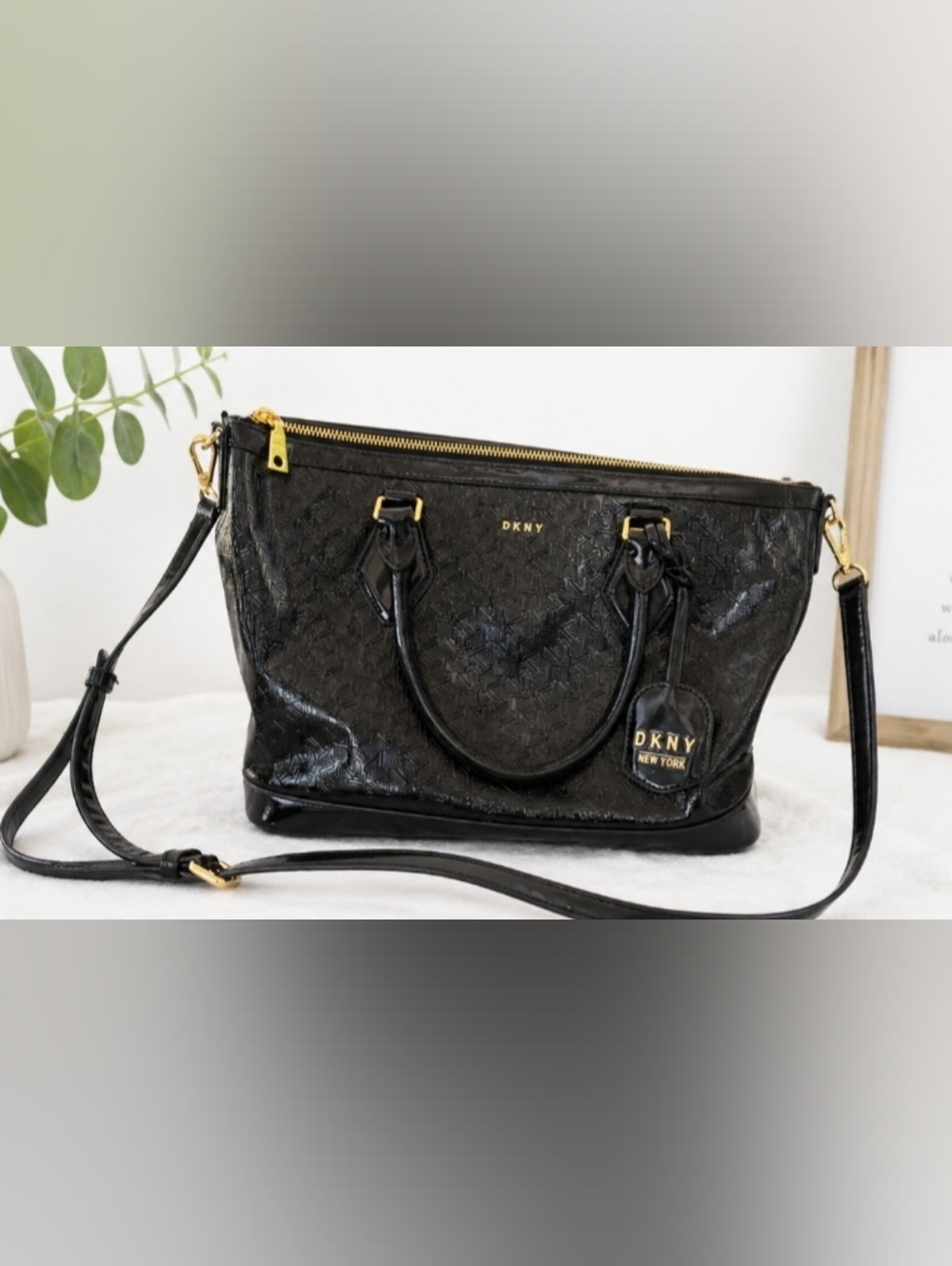 DKNY Black Patent Embossed Satchel with Gold Hardware
